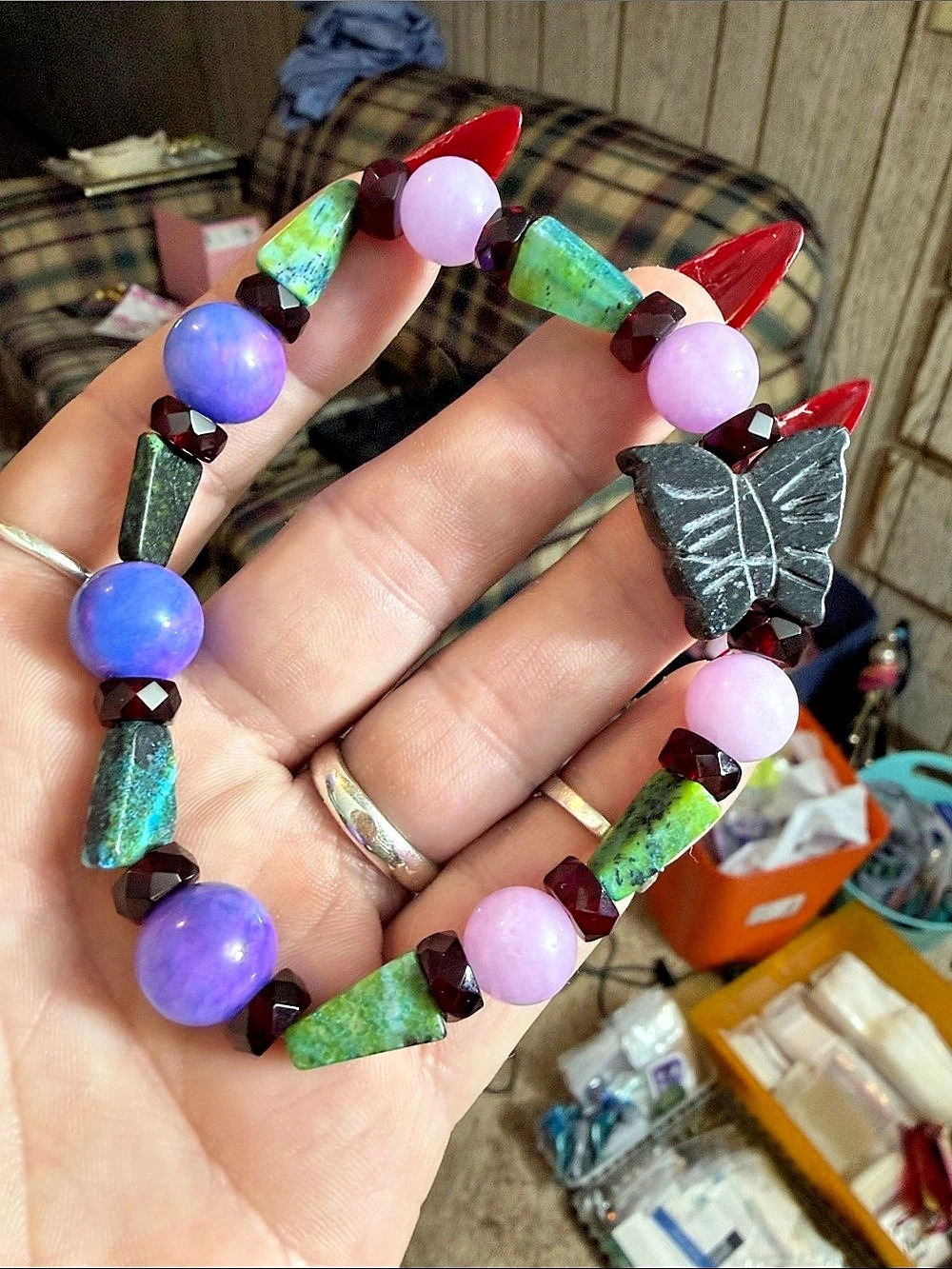 Purple & Green Butterfly Beaded Bracelet